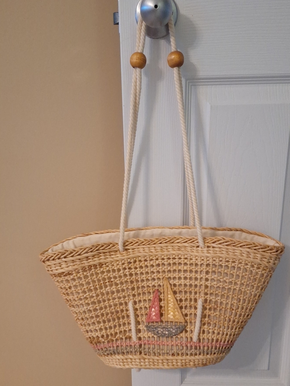 Woven Straw Tote Bag with Sailboat Accent